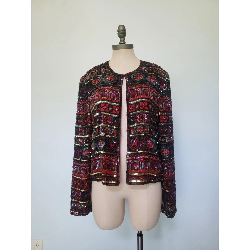 VTG Adrianna Papell Boutique Women's M‎ 100% Silk Beaded Jacket Red Gold Evening